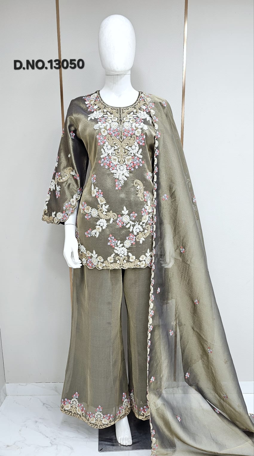 Kanjivaram Short Kurti Set with Flared Pants & Pearl Handwork