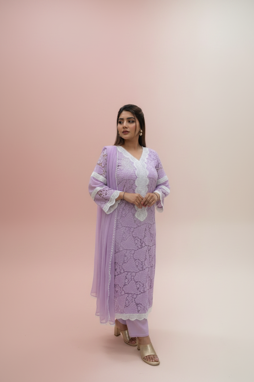 Lilac long chrochet kurta set