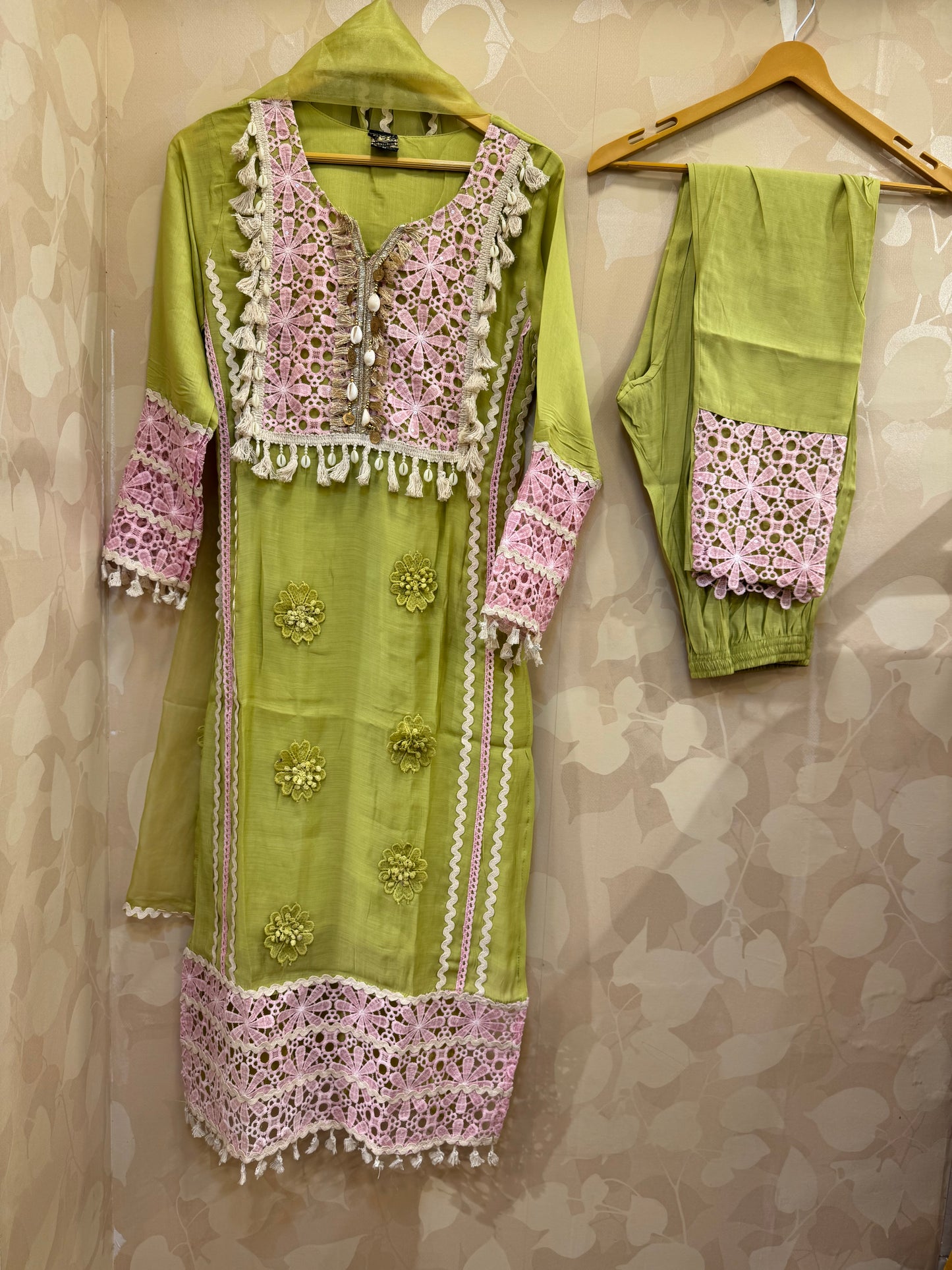 Designer Crochet Work Kurta Set with Pants and dupatta