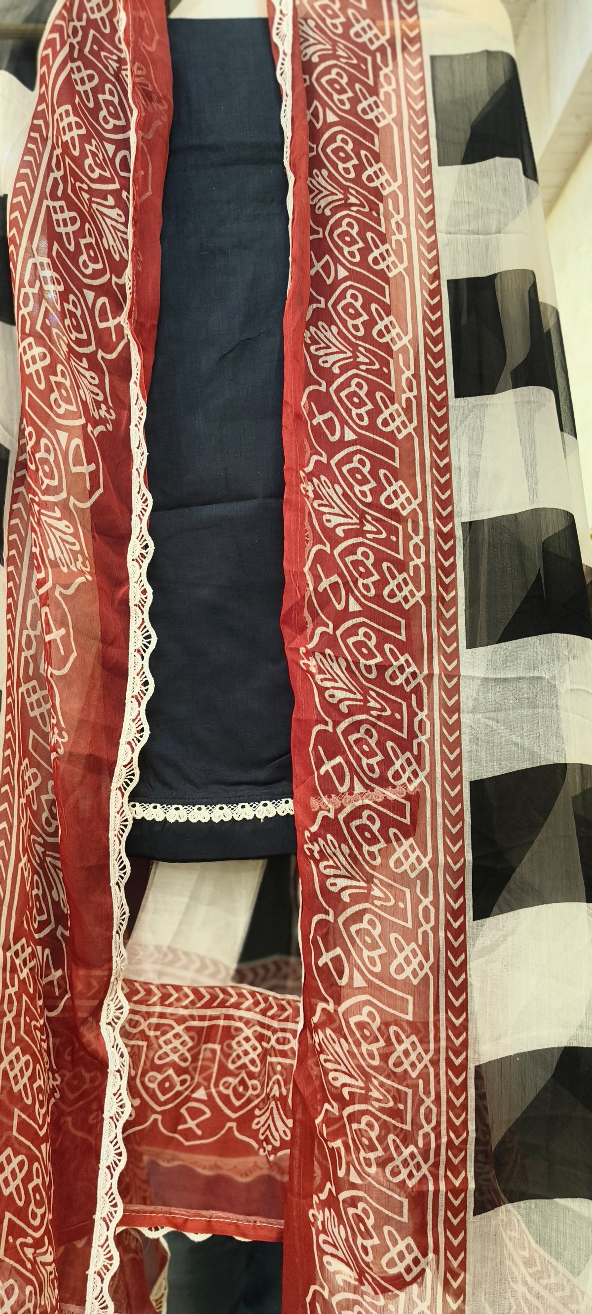Black & Ivory Floral Lawn Cotton Patchwork Suit with Red Printed Dupatta | Inara