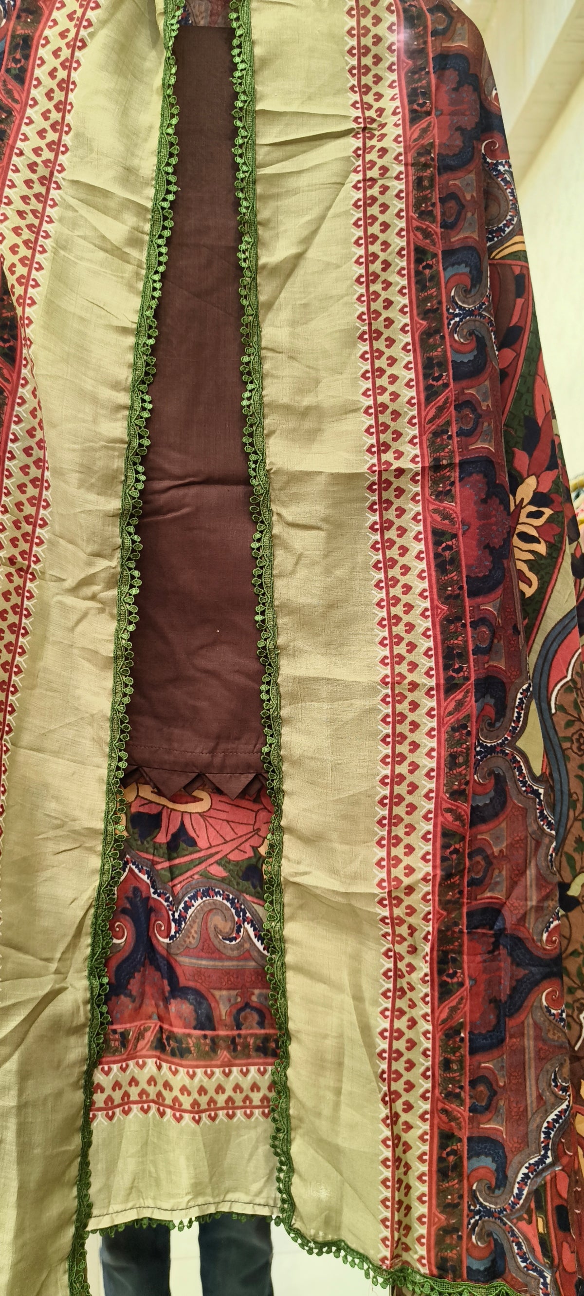 Maroon Floral Lawn Cotton Cutwork Suit with Olive Green Details & Printed Dupatta