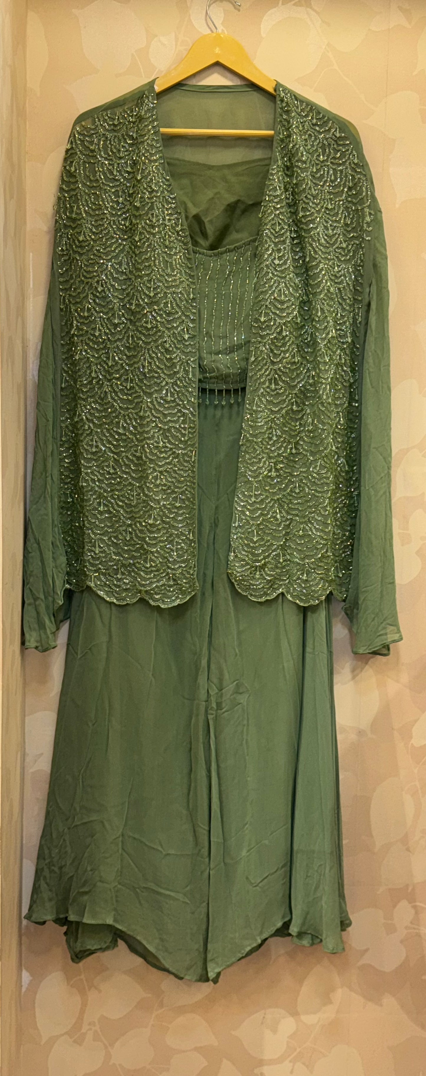 Olive Handwork Cape Set – Cutdana Embellished Top with Palazzo