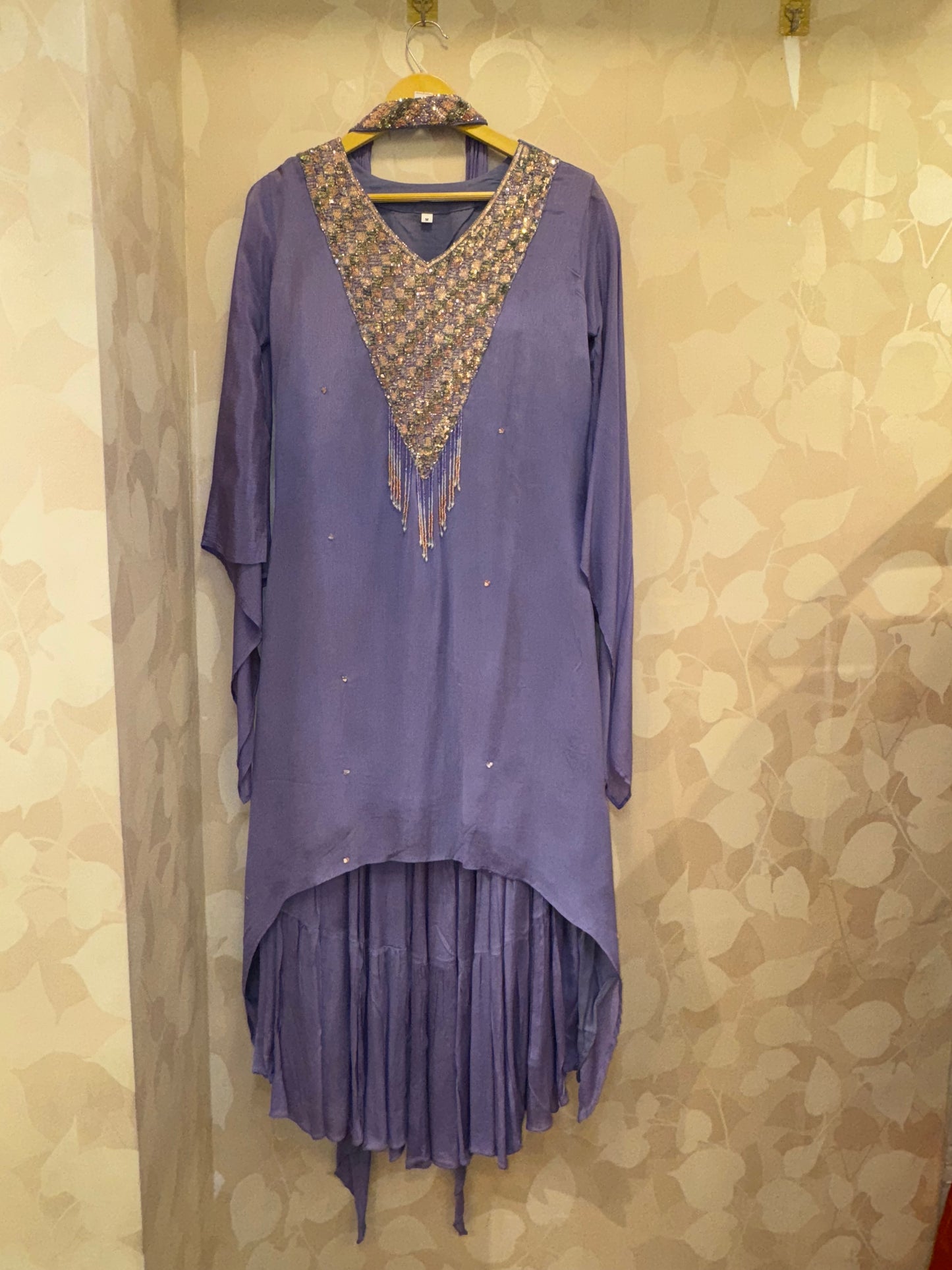 Afghani Chinnon indo-fusion Set – Cutdana Handwork with Elegant Neck Embroidery