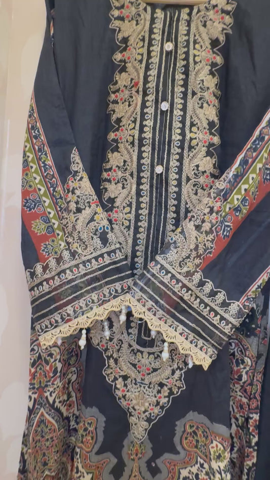 BLACK PK Embroidered 3-Piece Suit | Maria B Inspired Design with Thread &; Patchwork Detailing by Inara  ✨ Tagline: An ode to timeless Pakistani artistry in shades of black