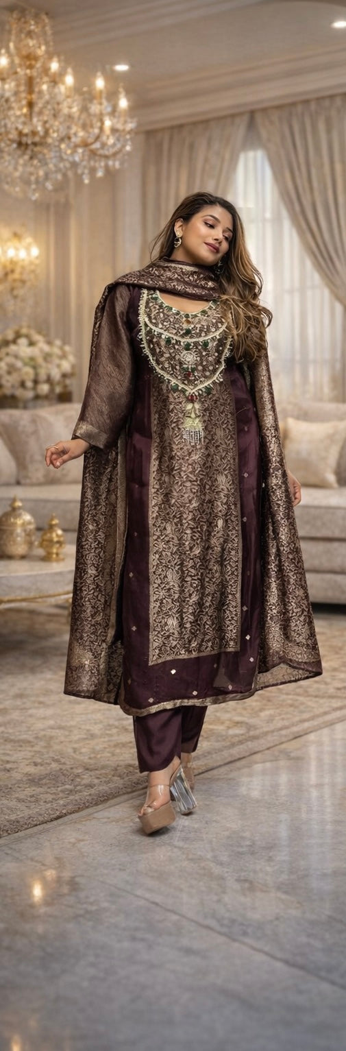 Jacquard Banarasi Suit Set with Jewel Handwork – Wine & Teal Blue