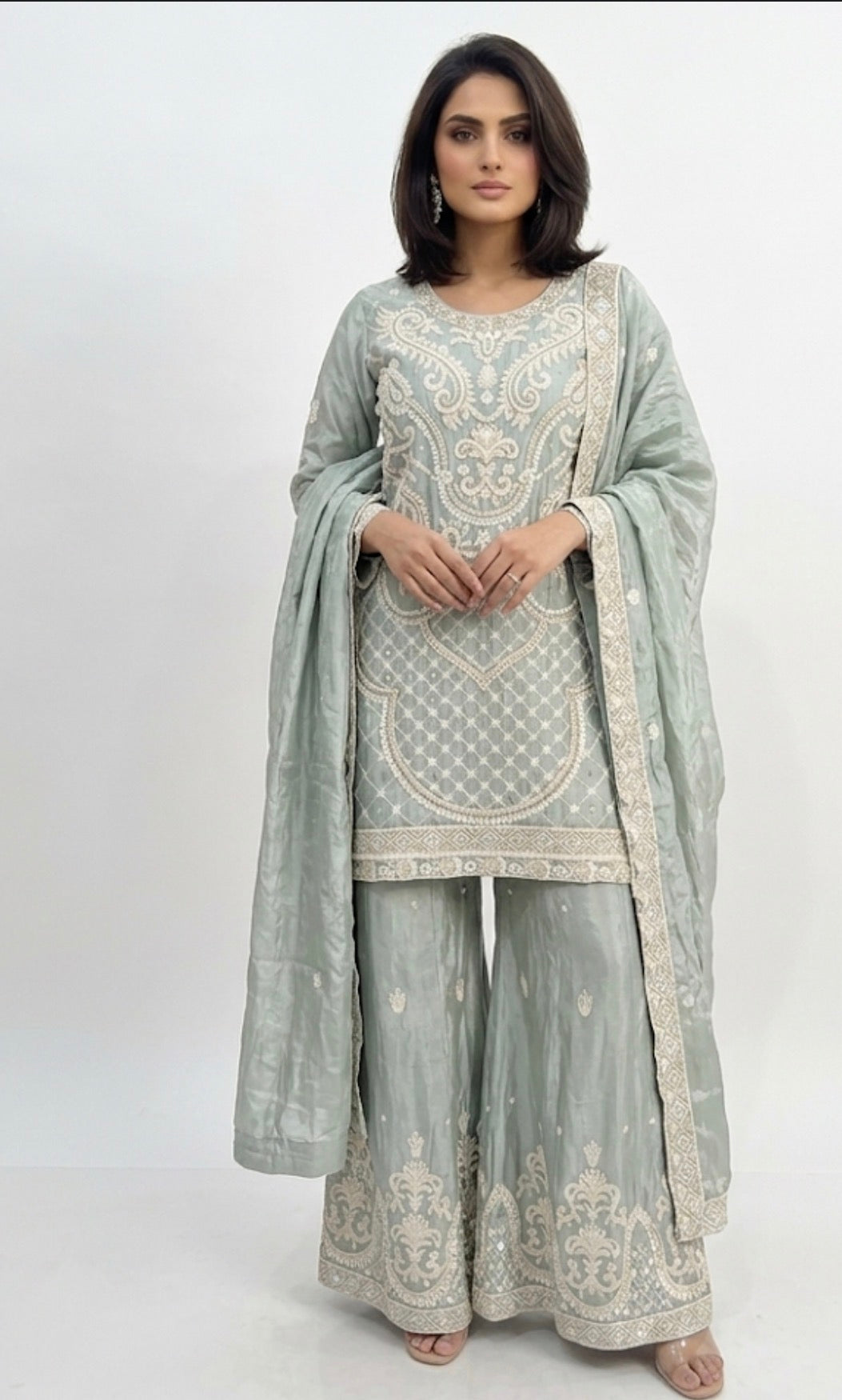 Aab-e-Noor Sharara Set | Powder Blue Chikankari-Inspired Hand Embroidered Sharara with Pearl & Cutdana Work