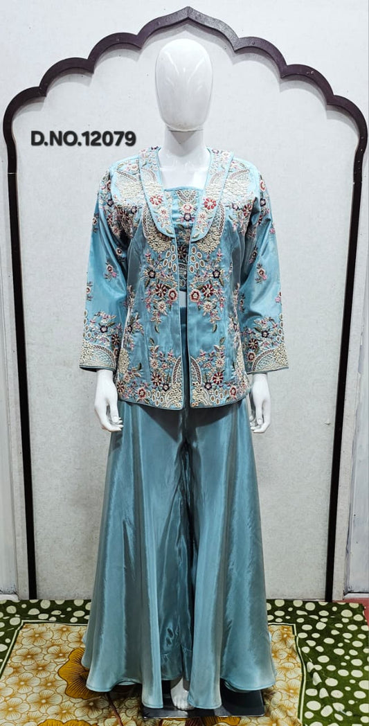 Hand-Embellished Sky Blue Dola Silk Jacket Ensemble with Crepe Palazzo