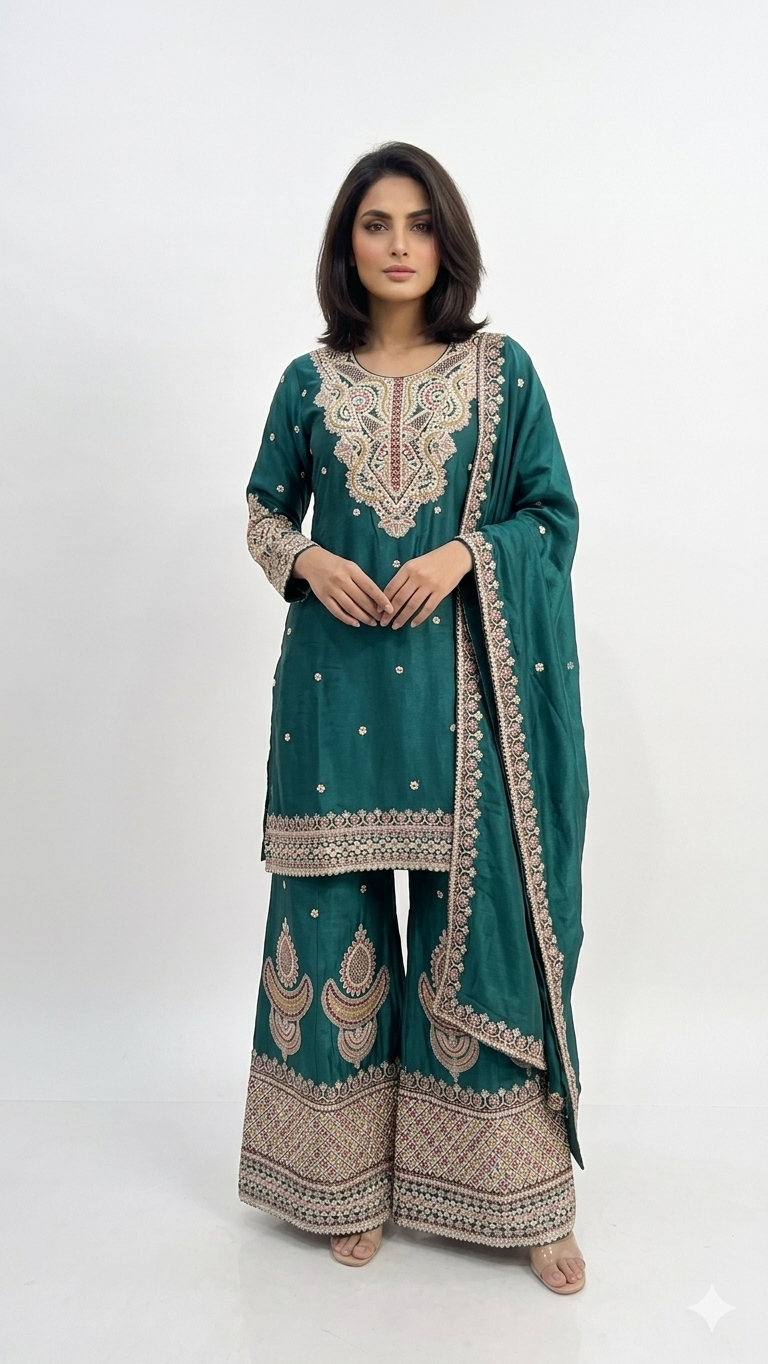 Bottle Green Chinon Kurta Set with Flared Palazzo & Beige-Gold Hand Embroidery