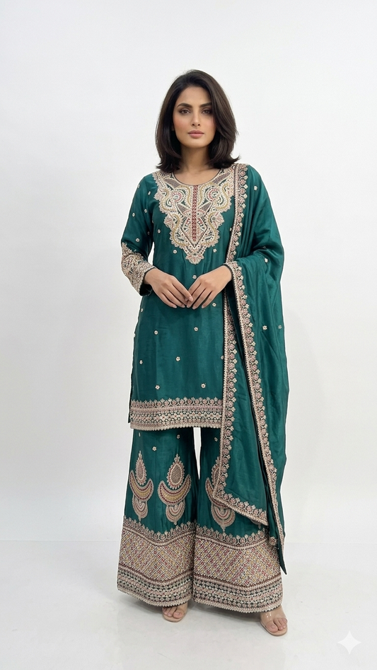 Bottle Green Chinon Kurta Set with Flared Palazzo & Beige-Gold Hand Embroidery