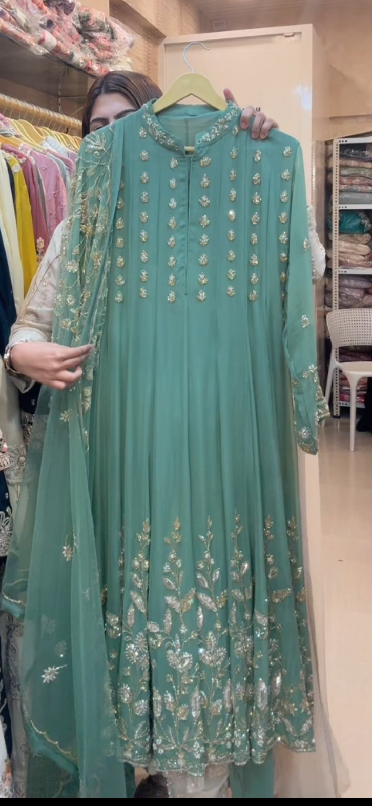 Mint Green Pure Georgette Handwork Anarkali Set with Pants & Heavy Net Dupatta