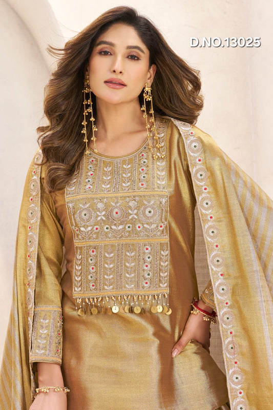 Statment Pure Banarasi Dual-Tone Gold & Silver Lehenga Kurta Set with Hand Embroidery & Organza Dupatta