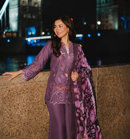 Celeb inspired Purple Embroidered Cotton Farshi Salwar Set with Printed Dupatta