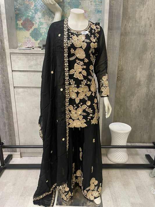Noir Zariya Handcrafted Sharara Set | Black Pure Chinon Sharara with Dabka, Cutdana & Sequin Work