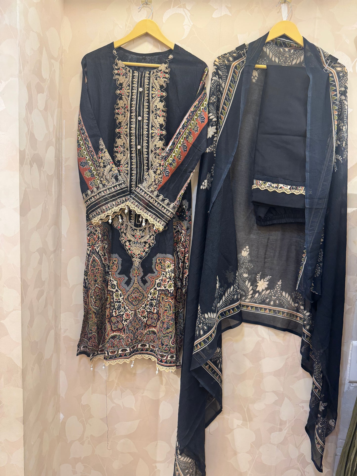 BLACK PK Embroidered 3-Piece Suit | Maria B Inspired Design with Thread &; Patchwork Detailing by Inara  ✨ Tagline: An ode to timeless Pakistani artistry in shades of black