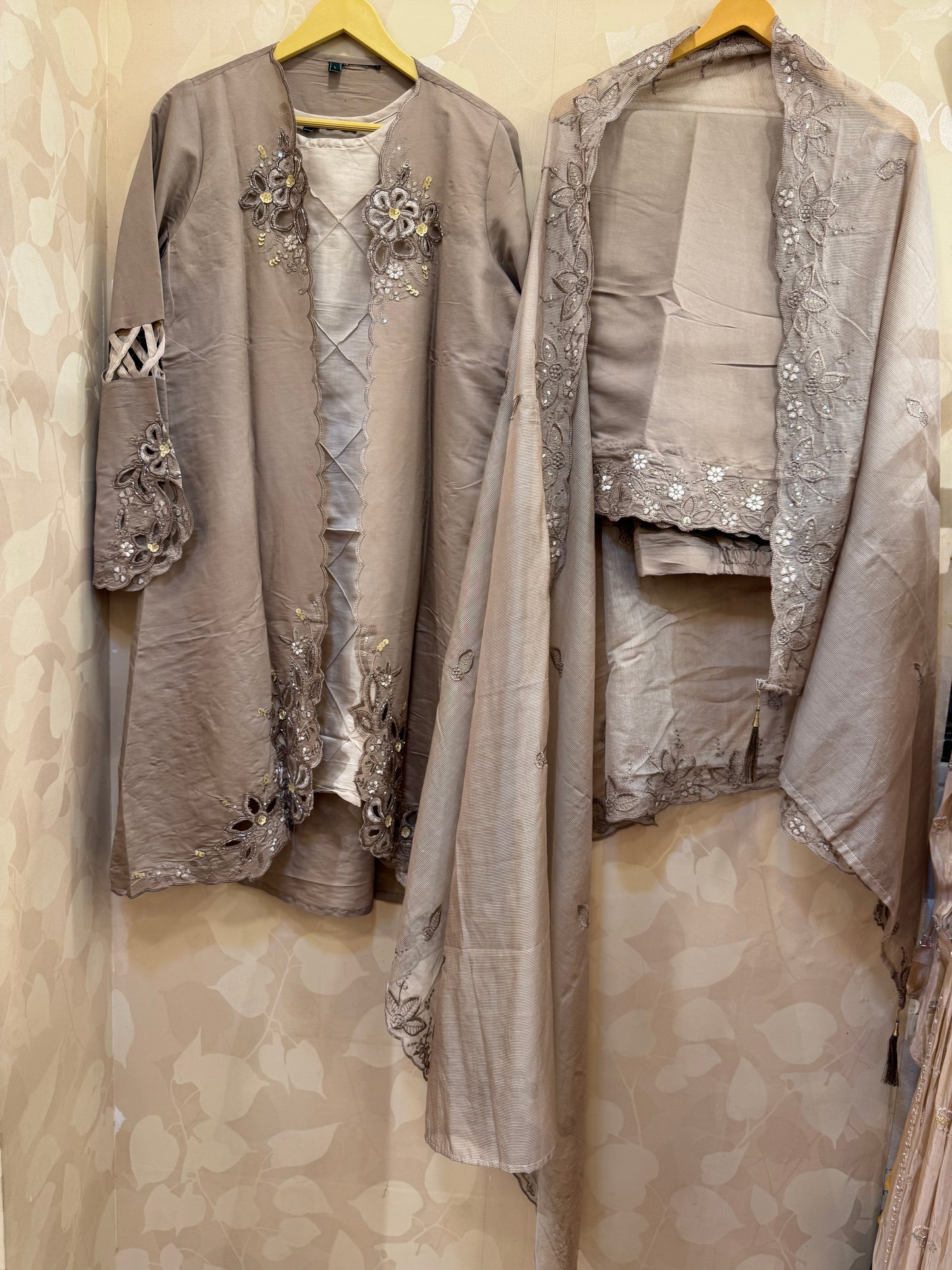 Chikoo Handcrafted Cutwork Jacket with Pants & Sheer Organza Dupatta