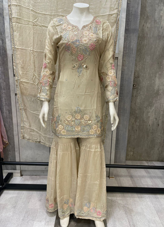 Gul-e-Aab Gharara Set | Beige Chinon Floral Embroidered Gharara with Pink & Powder Blue Detailing