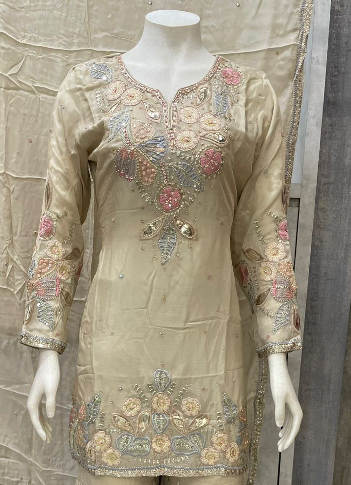 Gul-e-Aab Gharara Set | Beige Chinon Floral Embroidered Gharara with Pink & Powder Blue Detailing