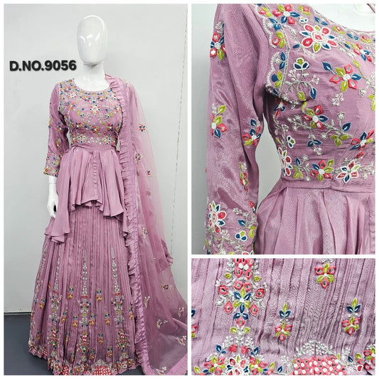 Pure Chinnon Peplum Lehenga with Multi-Resham & Pearl Handwork