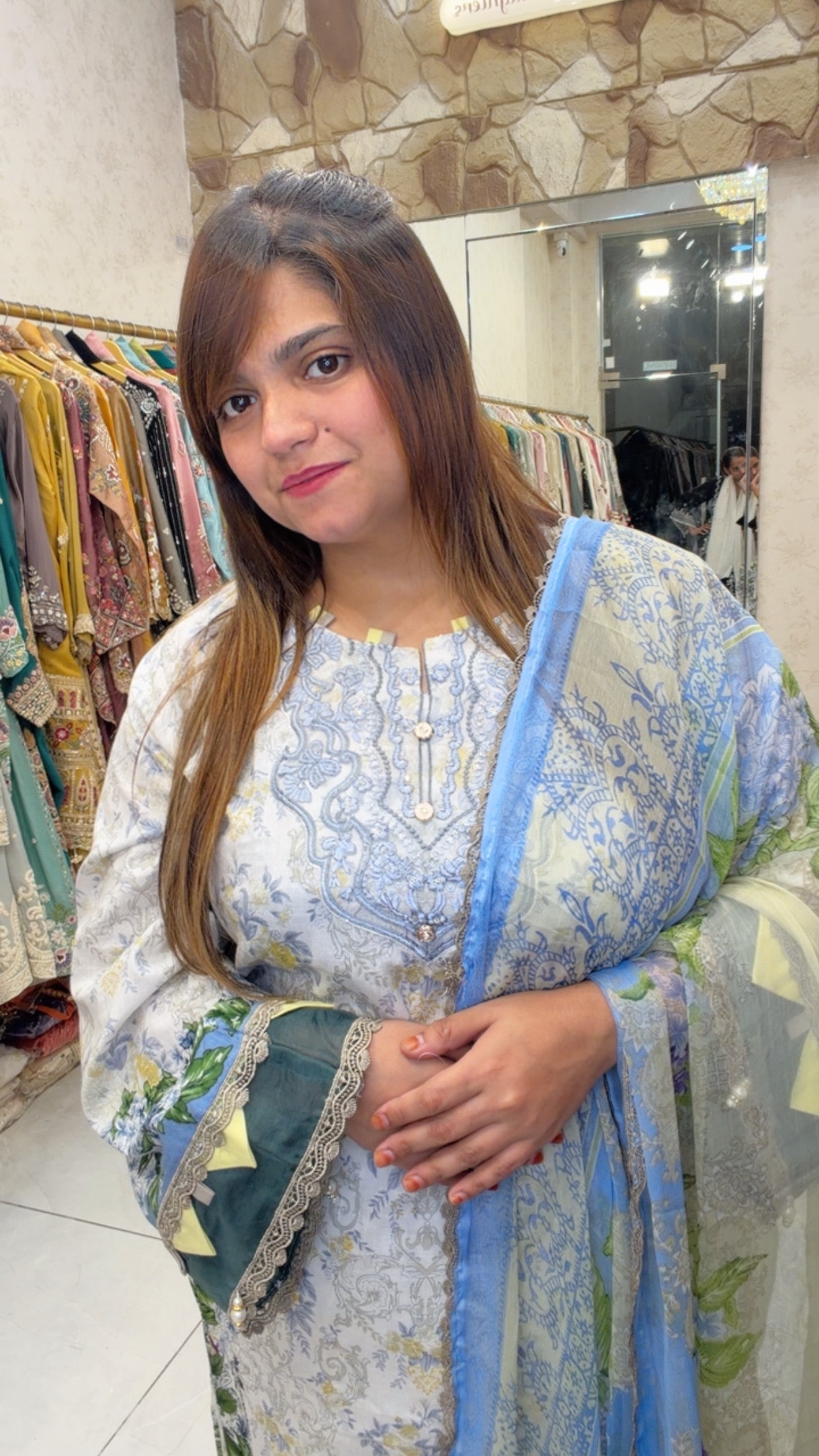 Printed lawn Kurta set with Blue patchwork(CHIFFON DUPATTA) | Elegant Ethnic Wear 2025