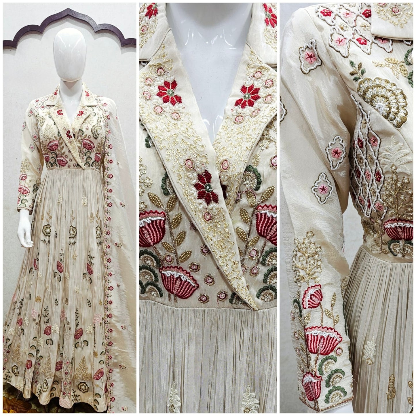 "TABEER" Pleated Embroidered Gown Set with Dupatta – Cream & Rose Fusion Elegance