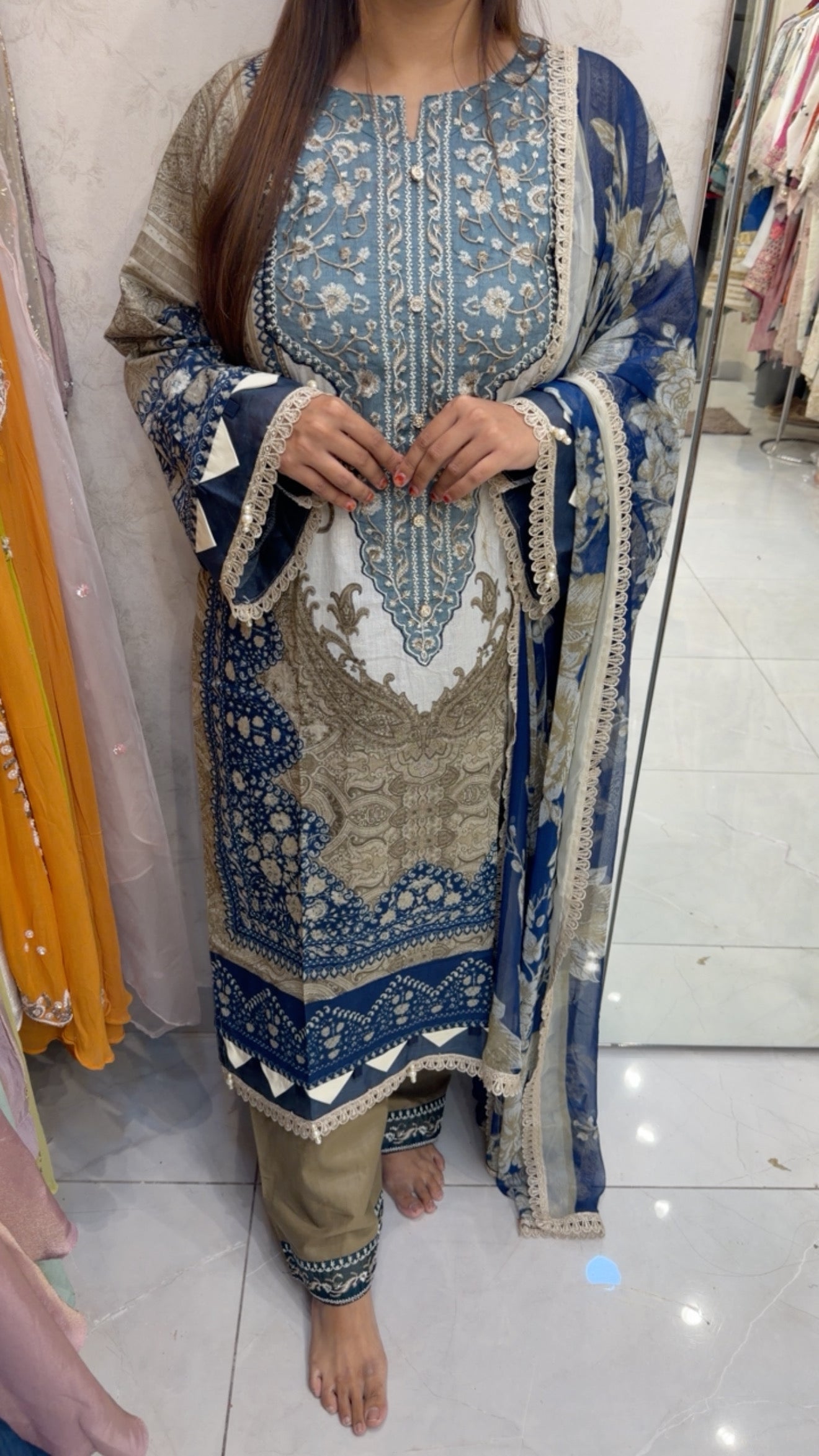 Midnight blue with beautiful contrast patch work lawn set