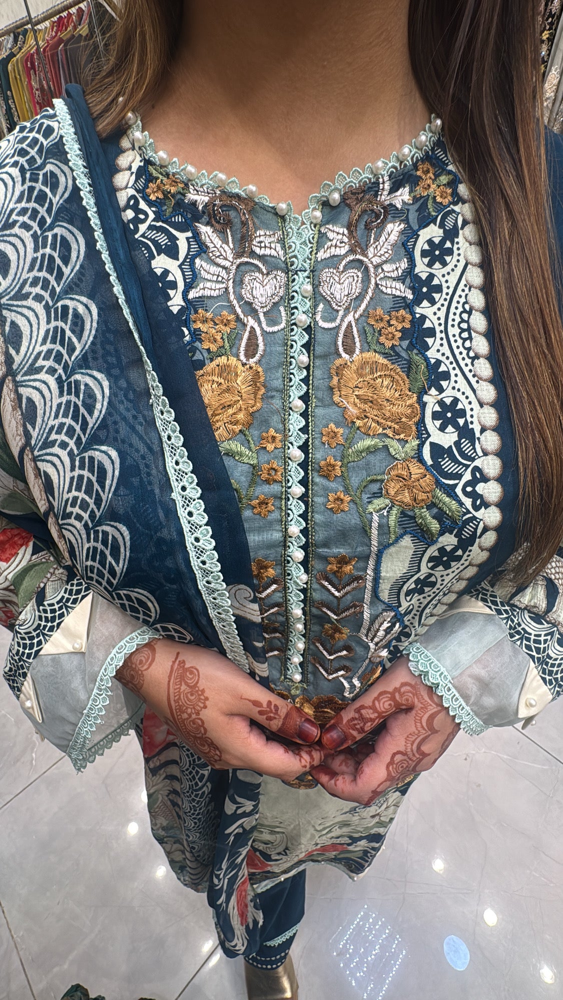 Midnight Teal Floral Lawn Suit with Intricate Neck Detailing & Printed Dupatta ( chiffon dupatta)