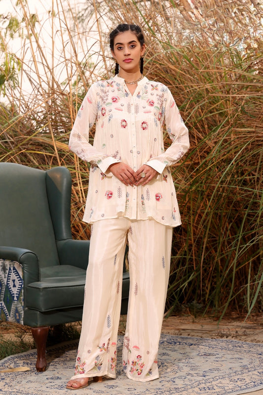 Bestseller — Pure Chinnon Flared Top Palazzo coord  Set | Multicolour Resham, Pearl & Cutdana Handwork Designer Co-ord by Inara  ✨  Our most loved festive co-ord — where sunshine meets luxury craftsmanship.