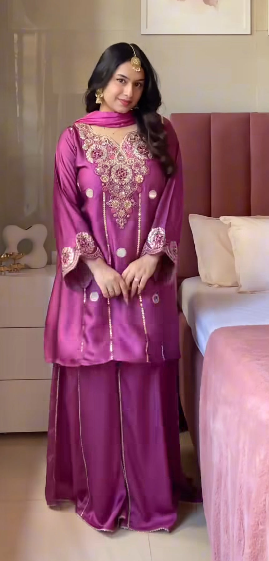 Magenta Crape Gota Mirror Peplum Set