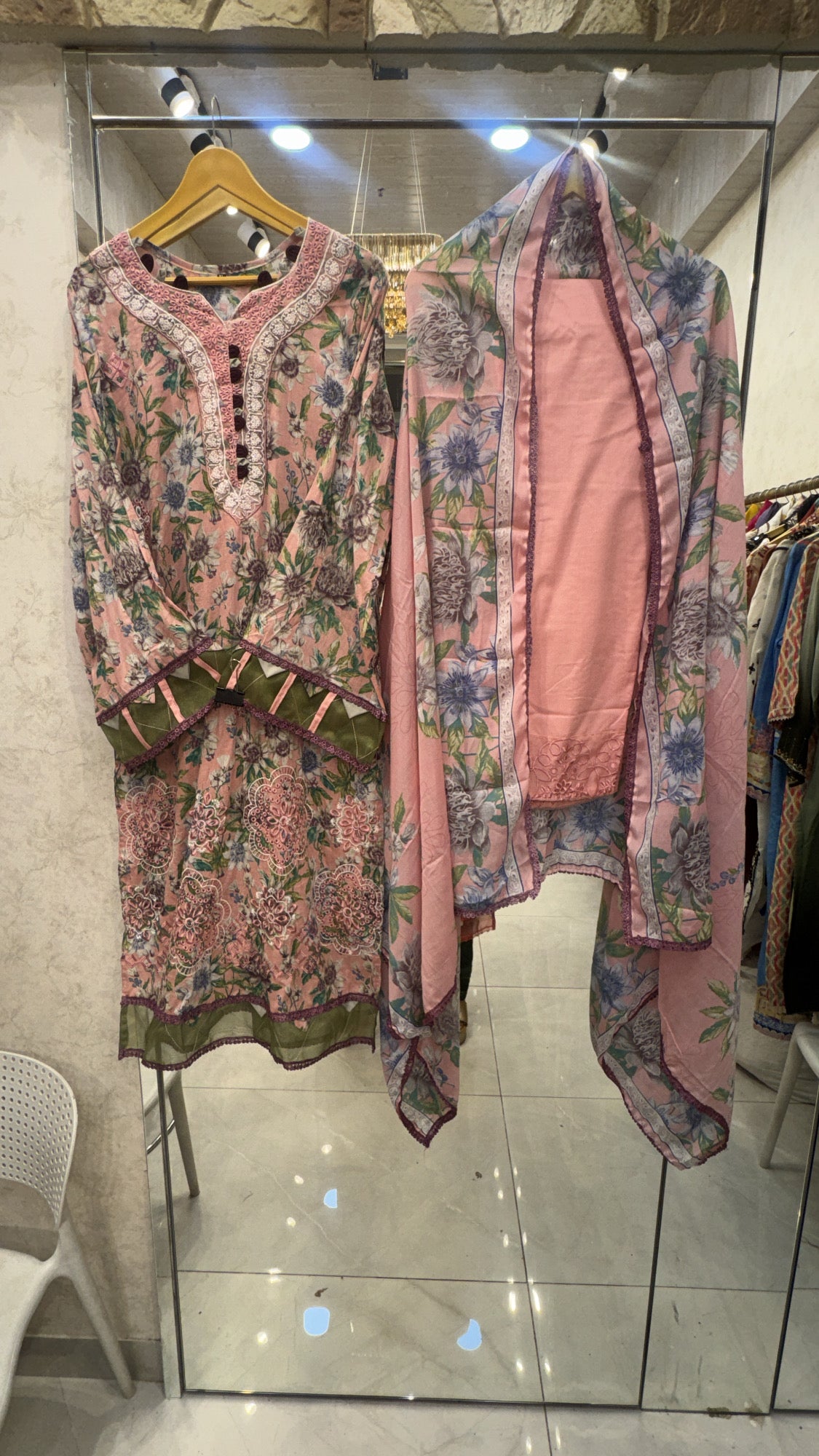 Peach mausaumery style lawn set   Premium Floral Lawn Kurta Set with Embroidered Chiffon Dupatta & Detailed Pants