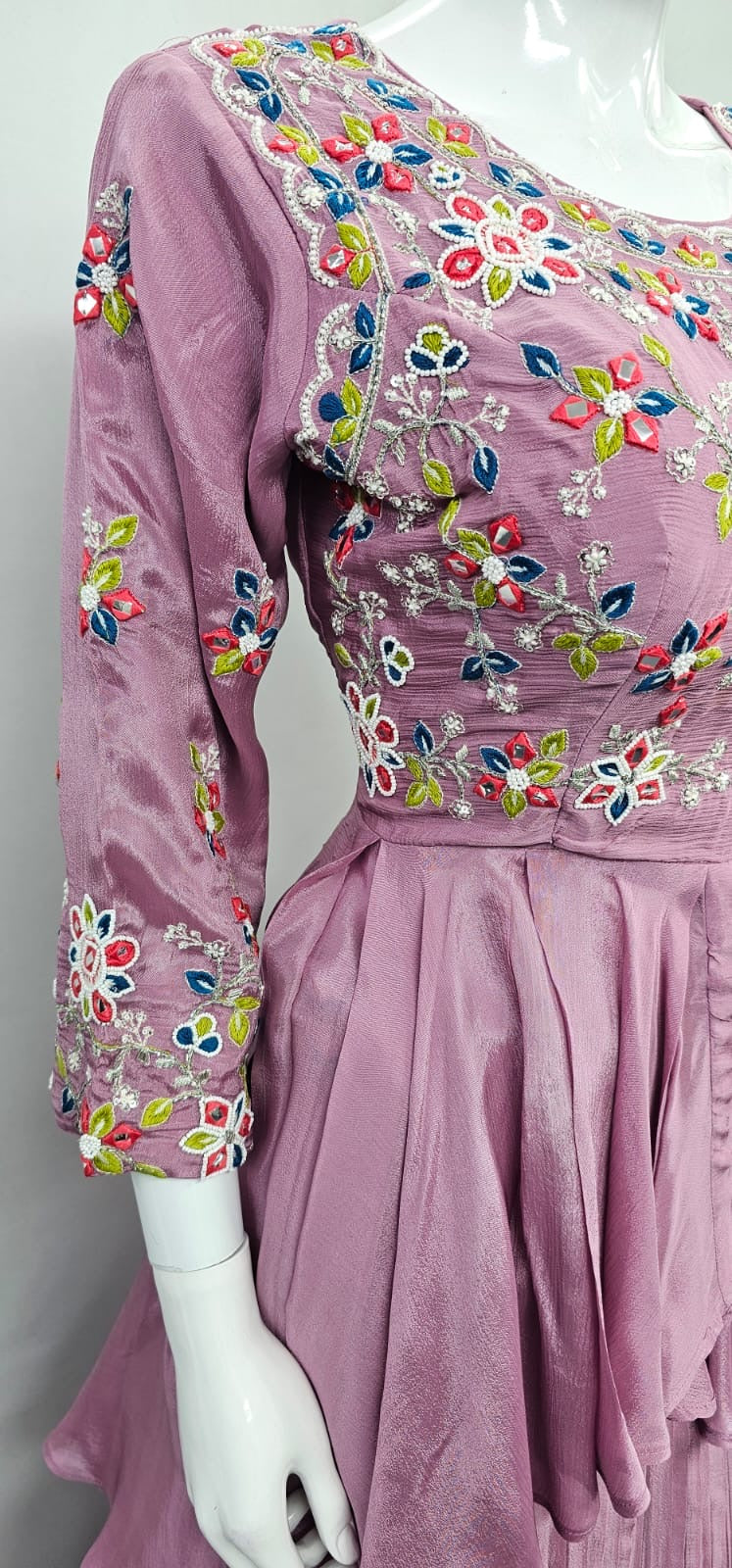 Pure Chinnon Peplum Lehenga with Multi-Resham & Pearl Handwork