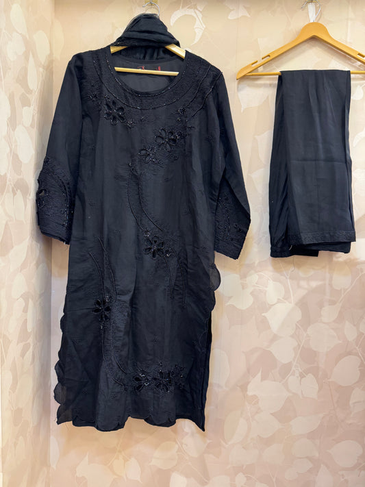 Black Cutwork Kurta Pant Dupatta Set with Intricate Handwork | Label Inara