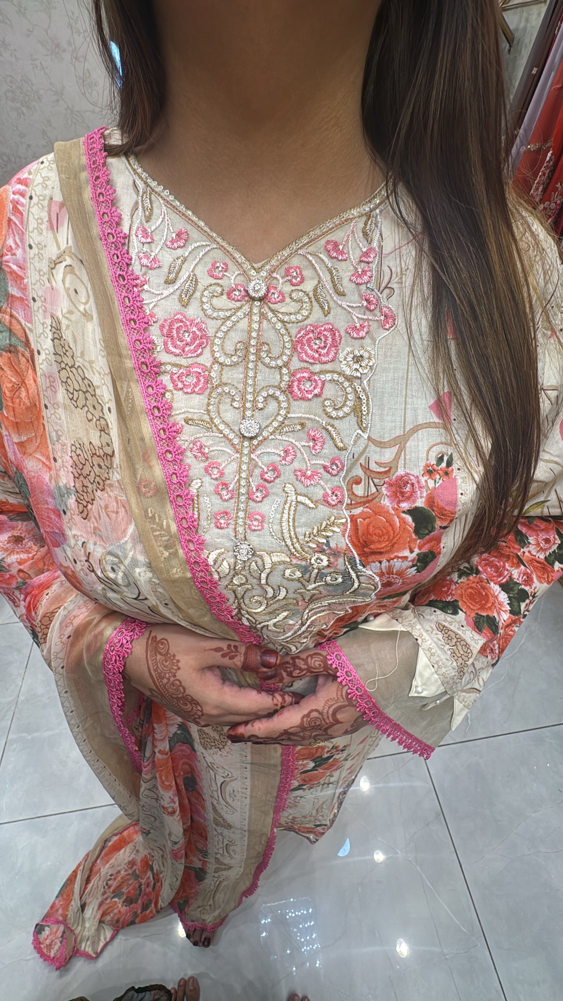 Blush Ivory Floral Lawn Suit with Printed Dupatta & Embroidered Kurta
