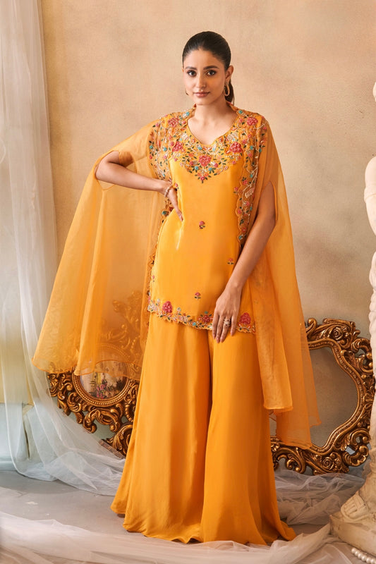 pure crape Sharara with  Kurta & Organza Cape | Zardosi, Cutdana & Resham Embroidery