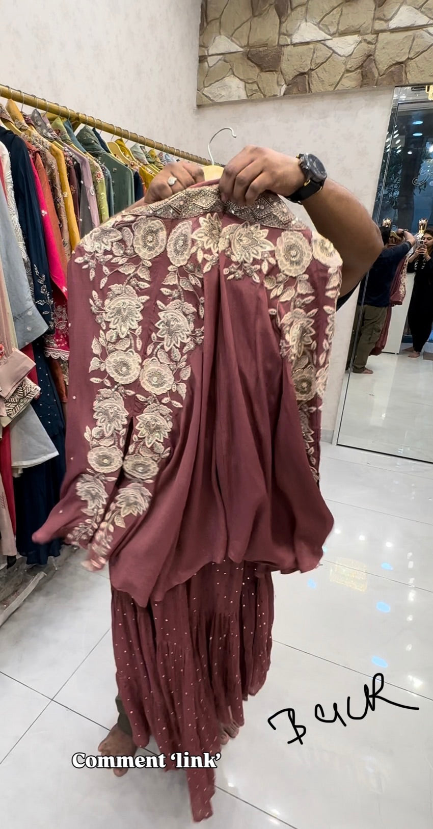 Mauve Hand-Embroidered Cape Co-ord Set with Crop Top & Garara