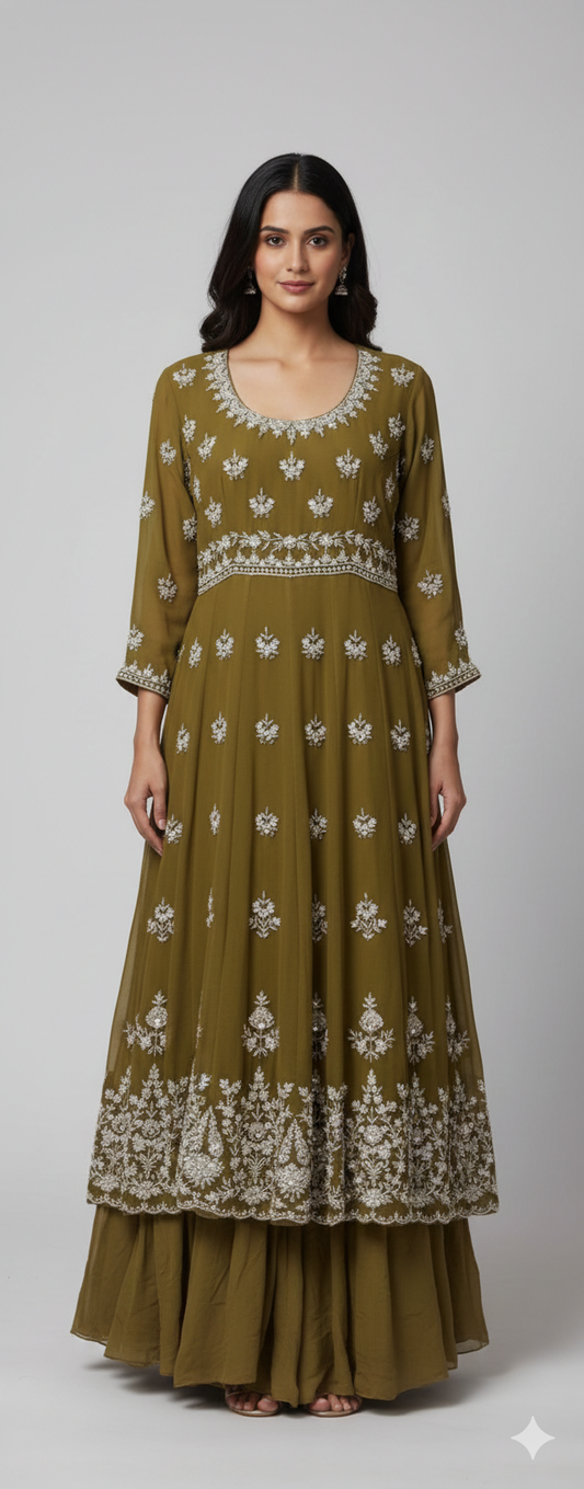 Mustard Handwork Anarkali with Skirt & Chiffon Dupatta – Festive Wear for Women