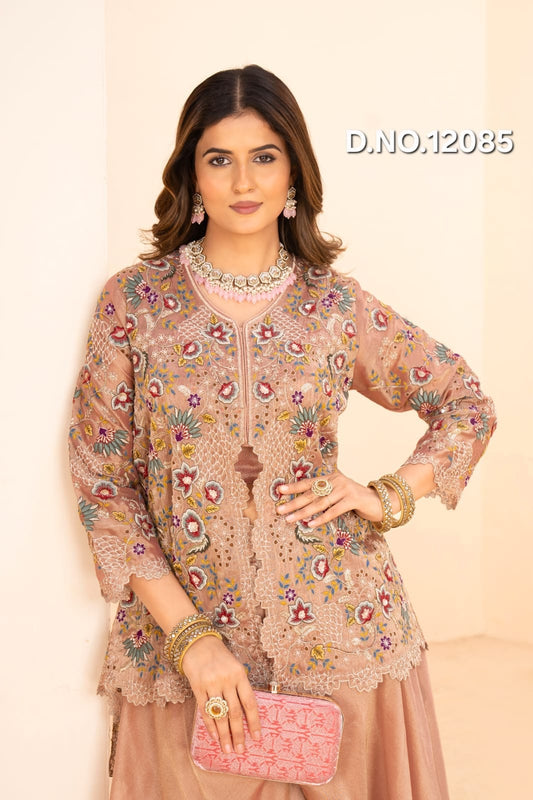 Pure Kanjivaram Tissue Peplum Jacket Set with Flared Sharara & Dupatta