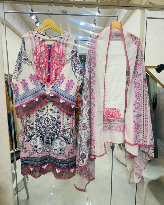 Blush Ivory Floral Lawn Suit with Printed Dupatta & Embroidered Kurta