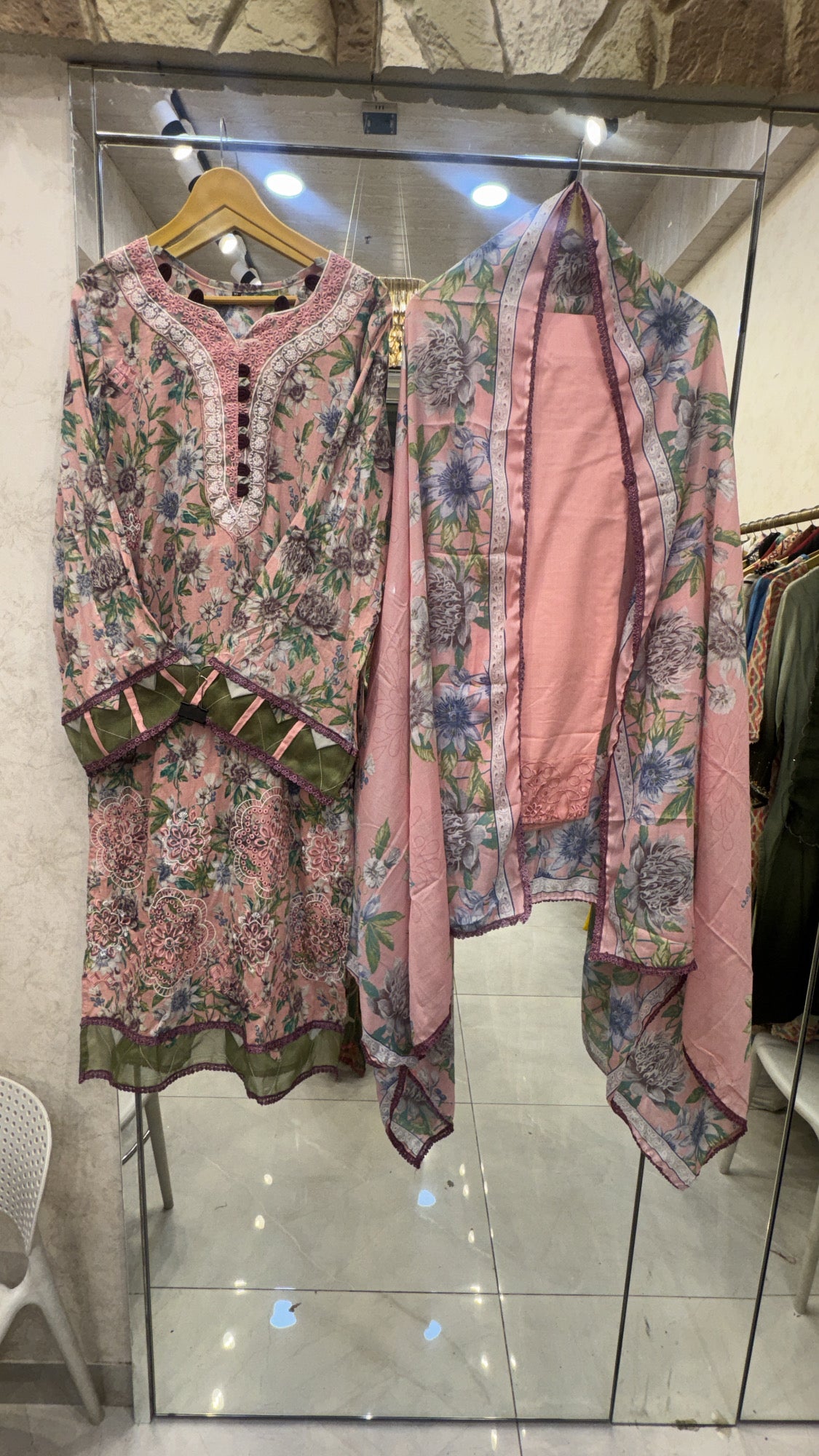Peach mausaumery style lawn set   Premium Floral Lawn Kurta Set with Embroidered Chiffon Dupatta & Detailed Pants