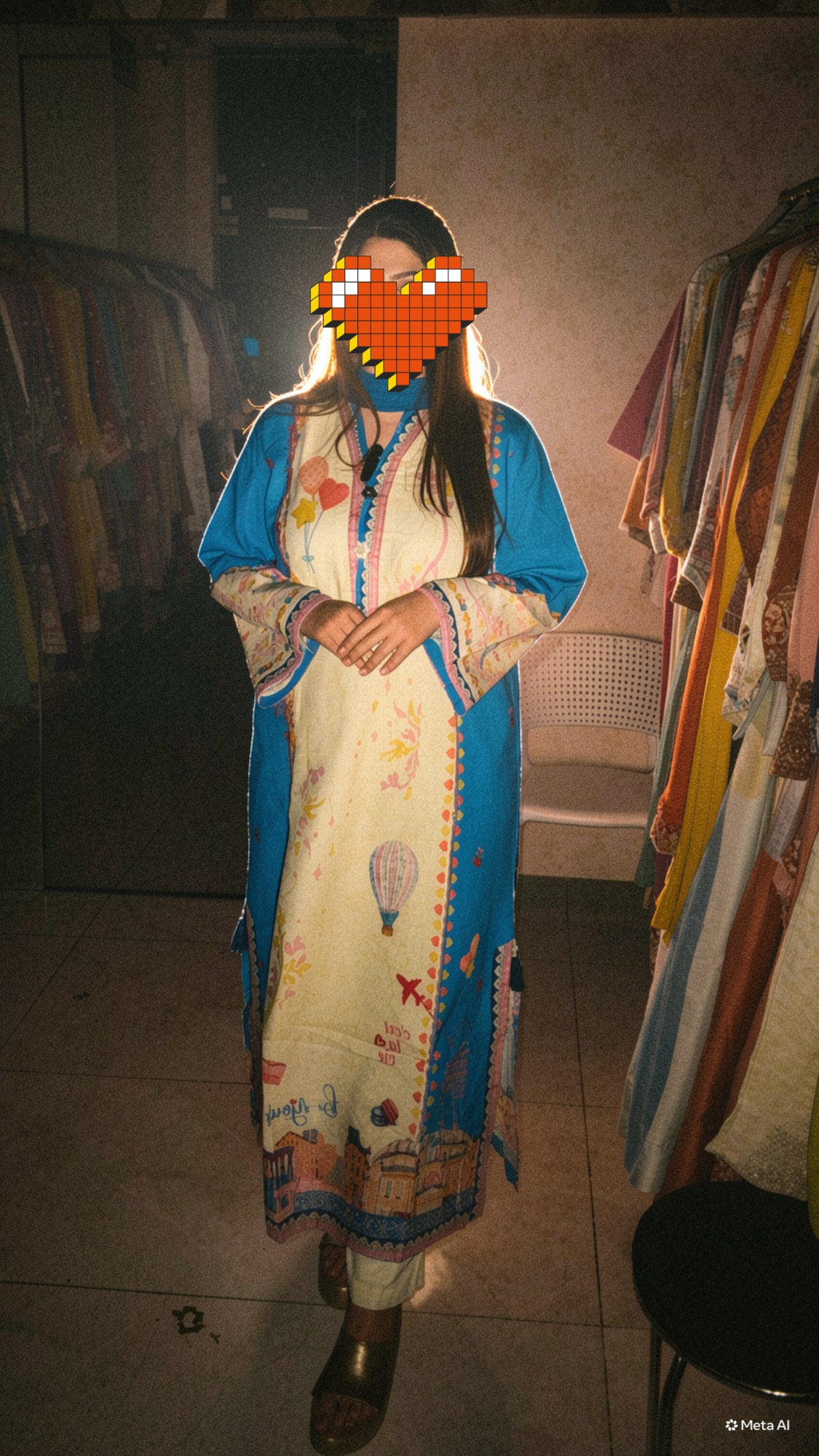 Sky Blue Printed Kaftan Dress with Pant Set