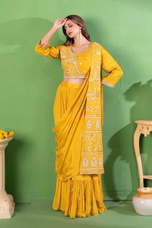 Saanvi Handcrafted Sunshine Saree – Pure Chinnon Pre-Draped Saree with Detachable Handwork Panel