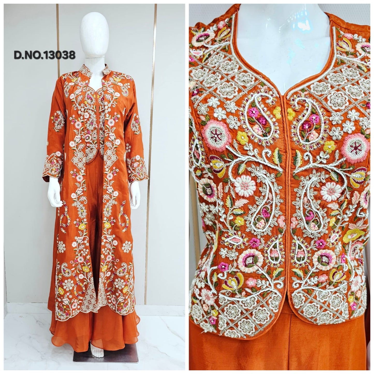Soft crape Flared Palazzo with V-Cross Cut Top & jacket featuring Pearl, Zardozi & Shell detailing