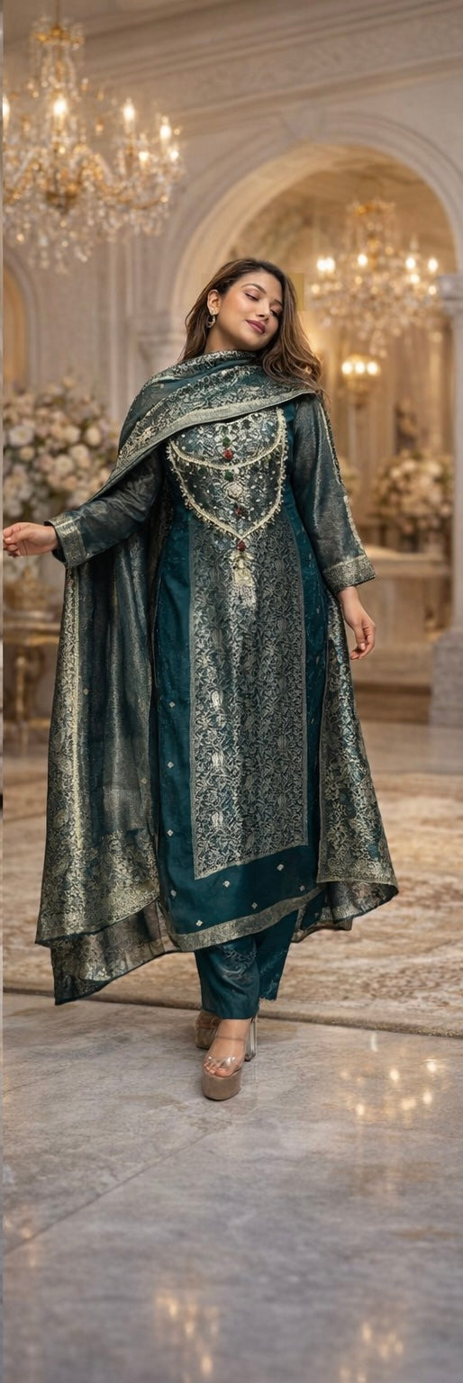Jacquard Banarasi Suit Set with Jewel Handwork – Wine & Teal Blue