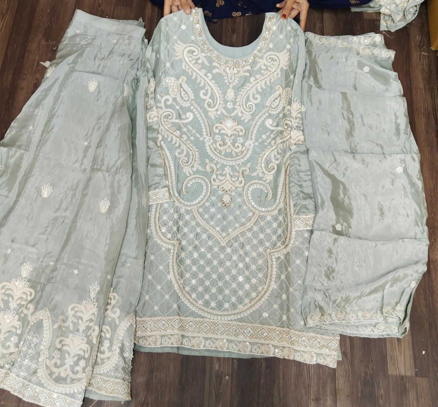 Aab-e-Noor Sharara Set | Powder Blue Chikankari-Inspired Hand Embroidered Sharara with Pearl & Cutdana Work