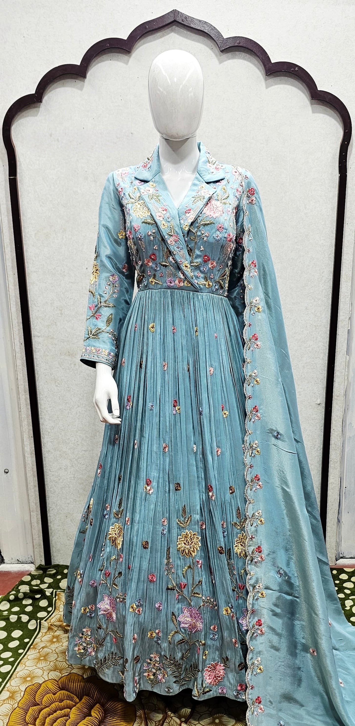 Collar Style Designer Gown with Organza Dupatta | Resham, Zardosi & Cutdana Hand Embroidery