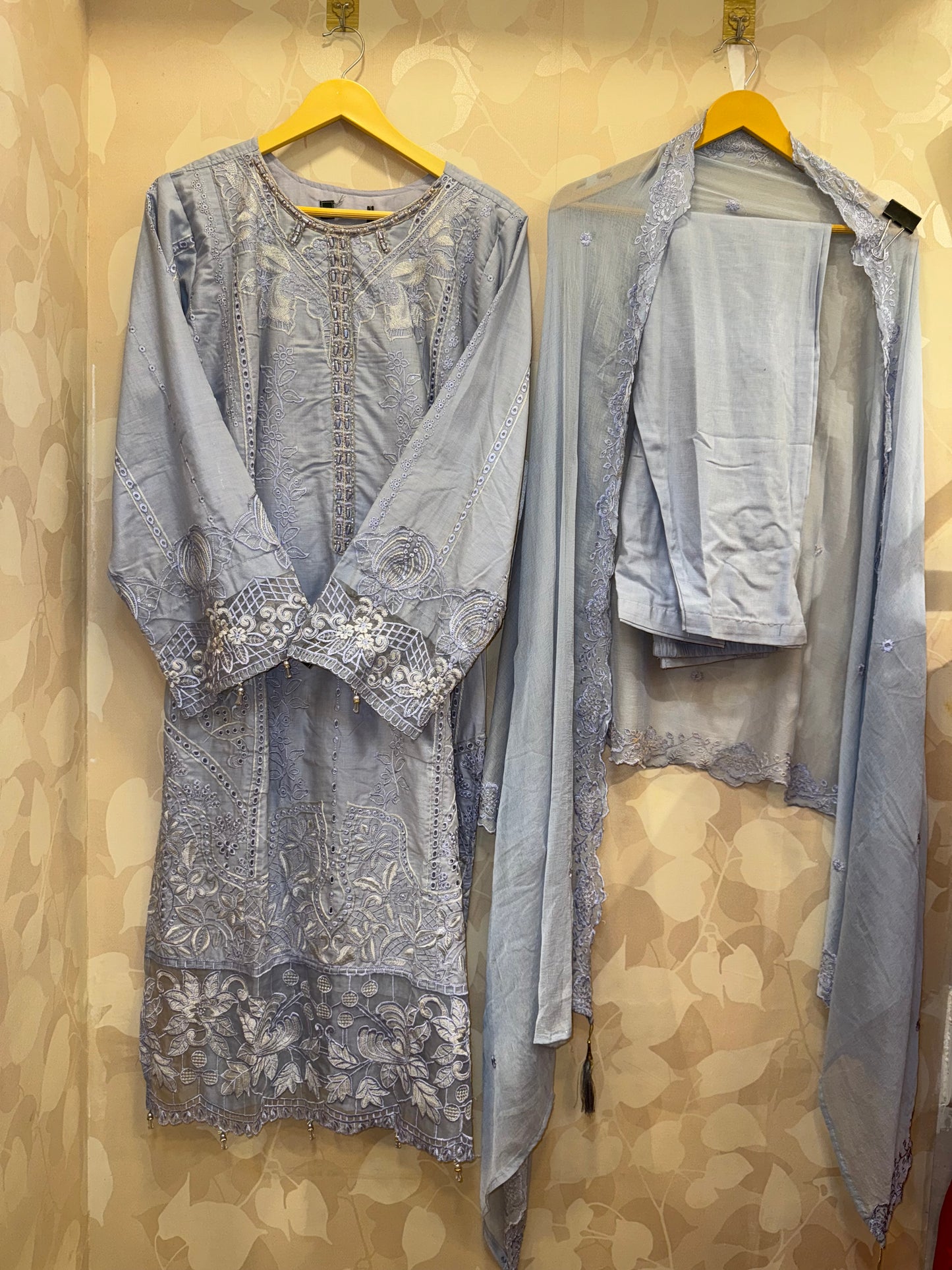 Powder Blue Cotton Pearl Embellished SUIT