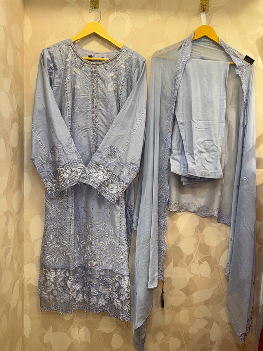 Powder Blue Cotton Pearl Embellished SUIT