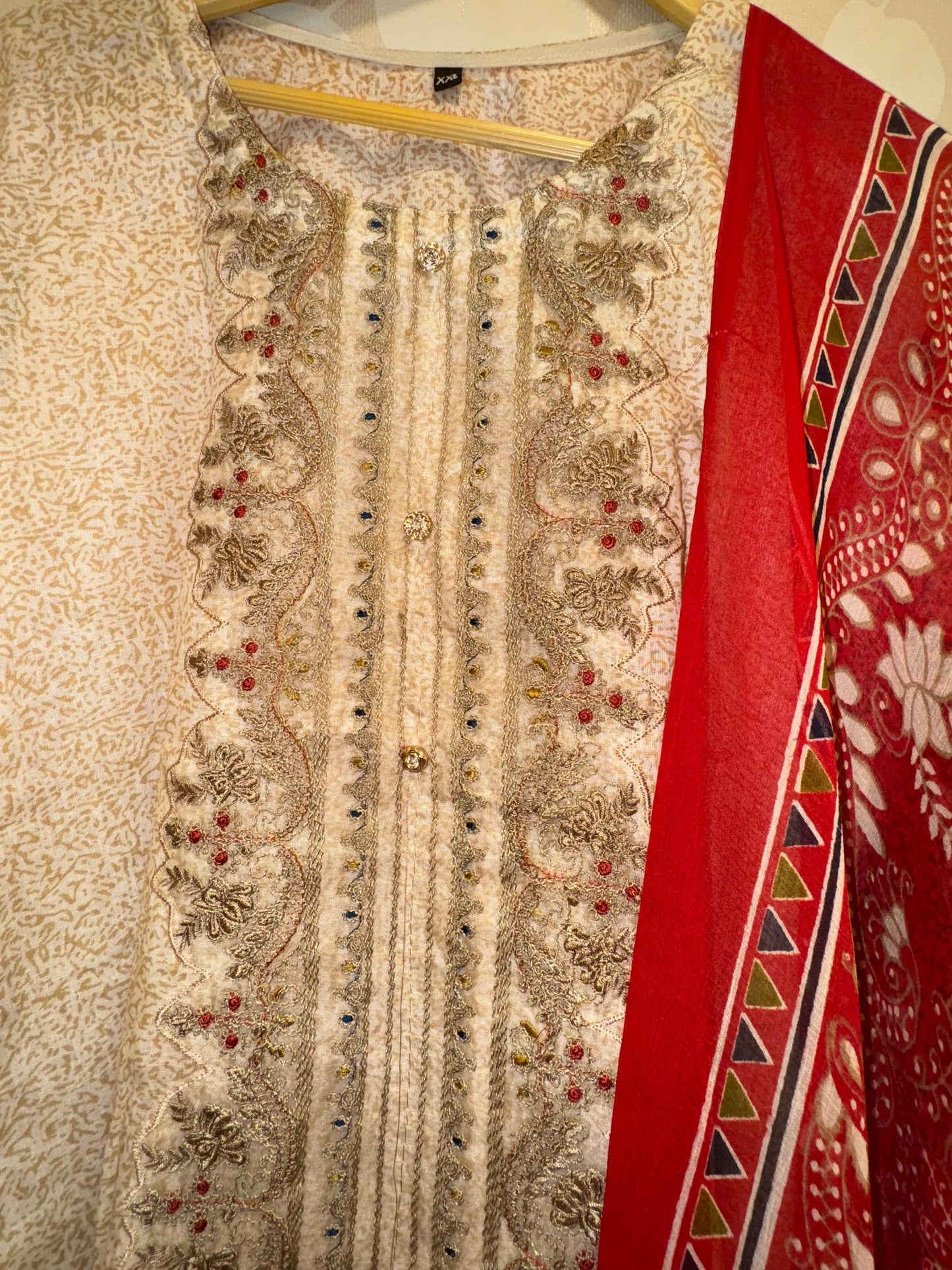 Beige & Red Pakistani Lawn Suit | Elegant Embroidered 3-Piece Designer Dress by Inara