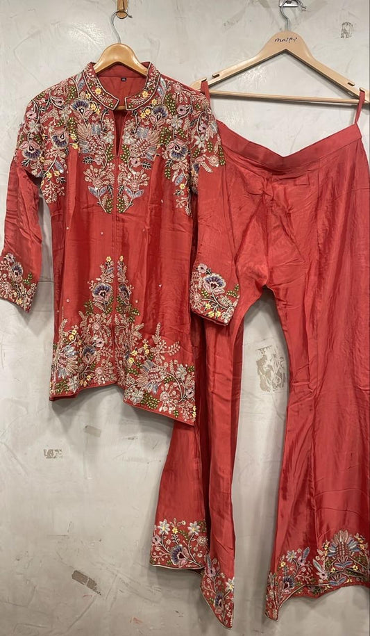 RUST ORANGE handwork bootcut coord set