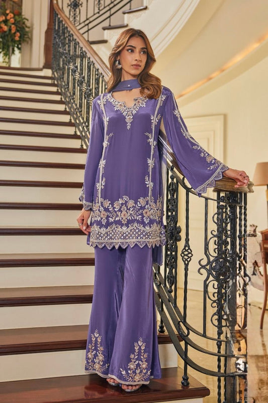 Midnight Elegance Pure Crepe 3-Piece Set with Handwork Bootcut Pants  |Lavender bootcut viral set !