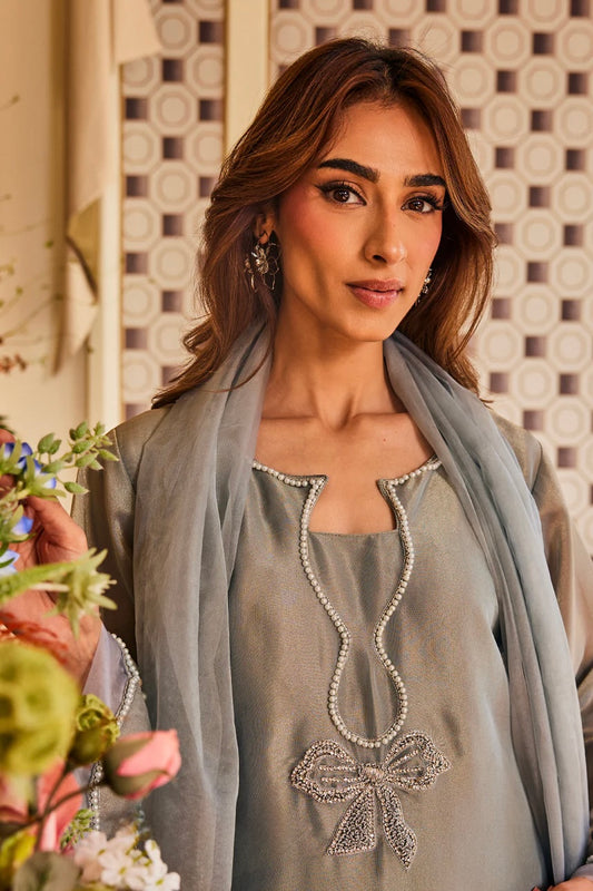 Powder Blue Organza Tissue Kurti Set with Bow Detailing